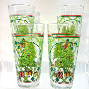 Vtg KIG Indonesia Glass Tumblers Christmas Tree Gifts & Lattice Design Set Of 4